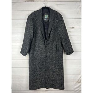 Fluid Coat Womens Small Black Wool Tweed Long Overcoat Leather Collar Trim